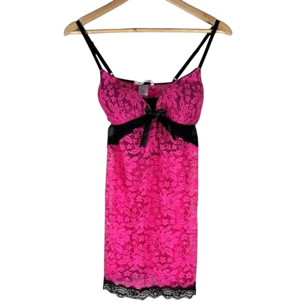 Linea Donatella Floral Lace Mesh Chemise Pink Black Y2K Bow Lingerie Size M